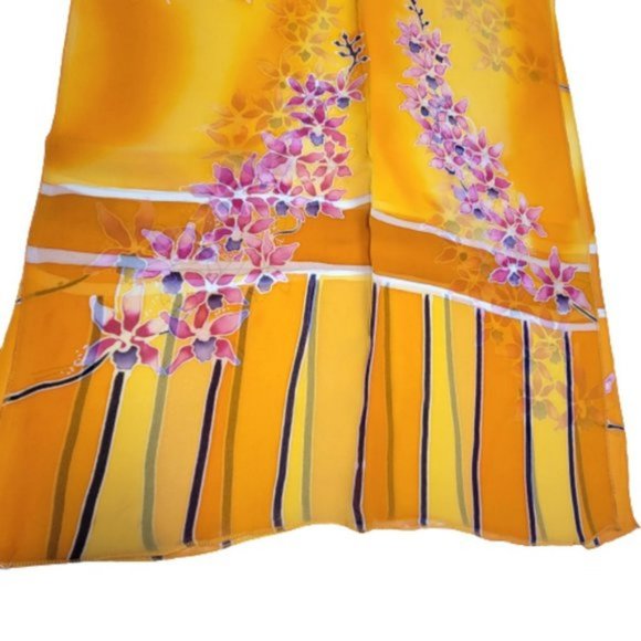 Handmade Handpainted  Pure Silk Chiffon Scarf Floral Rectangular Long Scarf - Picture 1 of 9